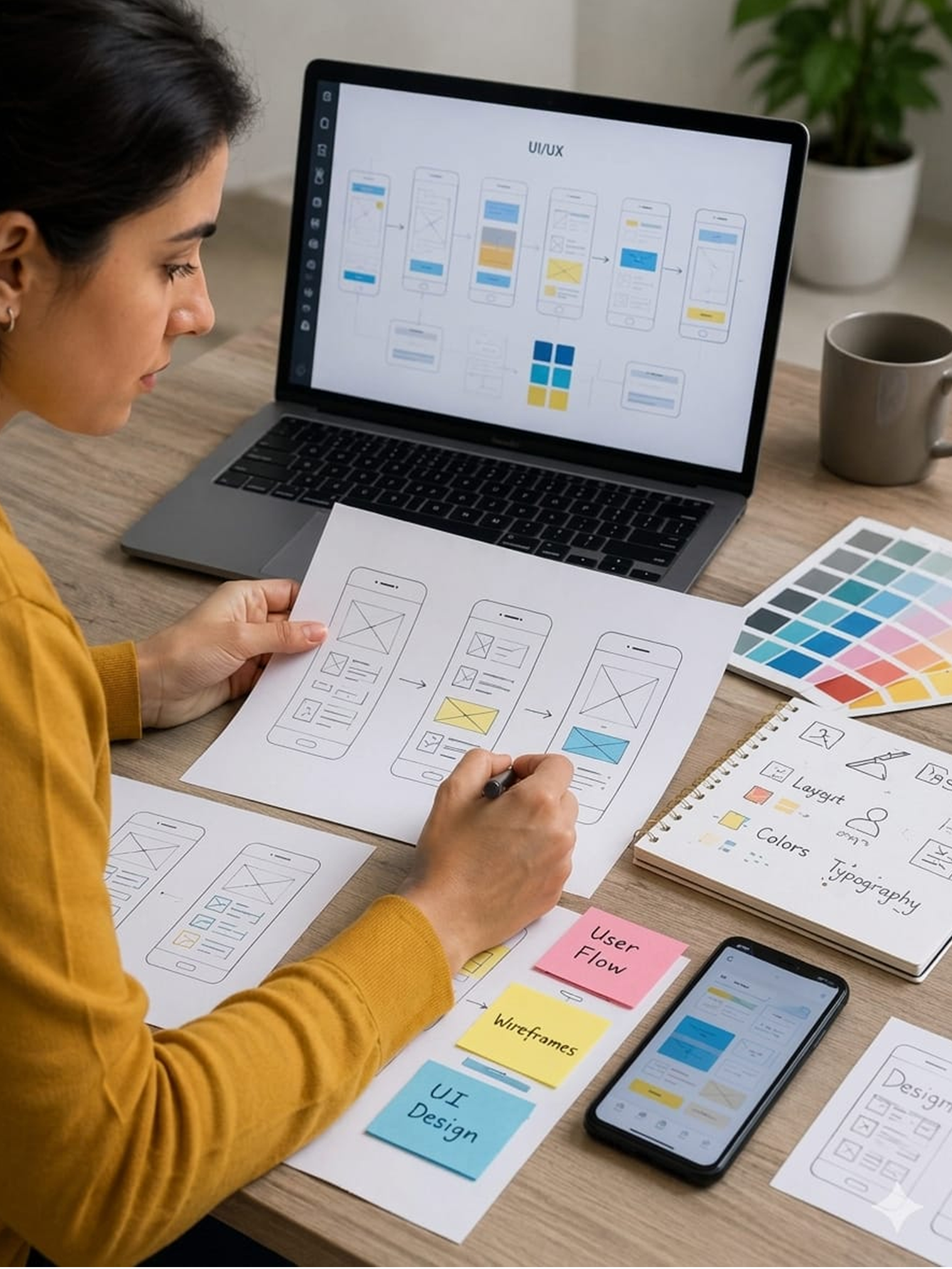 Mobile UI design wireframes on screen